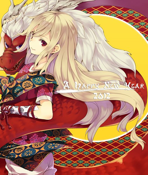 Anime picture 847x1000 with inazuma eleven inazuma eleven go afuro terumi chiko (mizuho) single long hair tall image looking at viewer fringe blonde hair simple background red eyes holding chinese clothes new year fantasy boy dragon eastern dragon