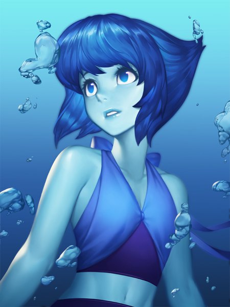 Anime picture 700x933 with steven universe lapis lazuli (steven universe) bling single tall image fringe short hair blue eyes simple background bare shoulders blue hair looking away cleavage parted lips midriff lipstick gradient background blue background underwater polychromatic