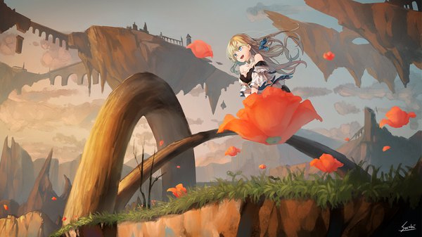 Anime-Bild 1920x1080 mit original saraki single long hair highres breasts open mouth blue eyes blonde hair wide image signed looking away cleavage cloud (clouds) braid (braids) :d kneeling side braid mountain fantasy