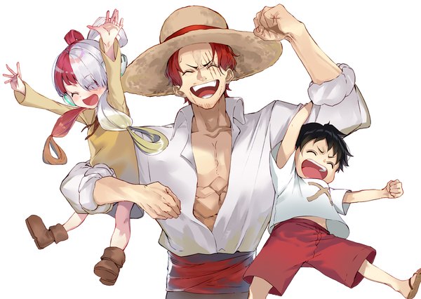 Anime-Bild 3902x2772 mit one piece one piece: film red toei animation monkey d. luffy shanks uta (one piece) tsukudani (ore624) long hair highres short hair open mouth black hair simple background white background absurdres silver hair red hair eyes closed multicolored hair two-tone hair