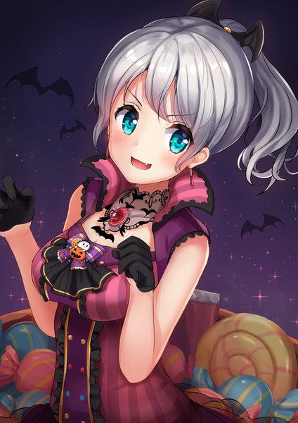 Anime picture 788x1116 with bang dream! wakamiya eve manda (manda9n) single tall image looking at viewer blush fringe short hair breasts open mouth blue eyes simple background smile large breasts silver hair upper body ponytail :d sparkle