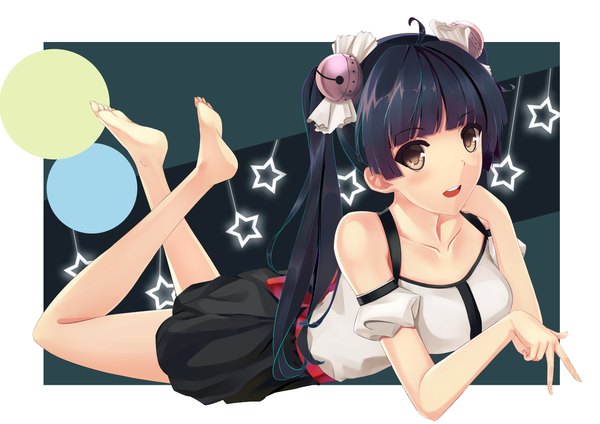 Anime picture 1254x888 with original koyomaru single long hair looking at viewer open mouth smile twintails bare shoulders brown eyes lying barefoot bare legs border on stomach legs up girl skirt hair ornament star (symbol)