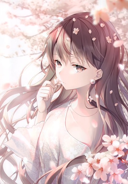 Anime picture 2447x3513 with original kagachi saku single long hair tall image looking at viewer fringe highres hair between eyes brown hair holding brown eyes upper body outdoors long sleeves parted lips arm up hair flower wind blurry