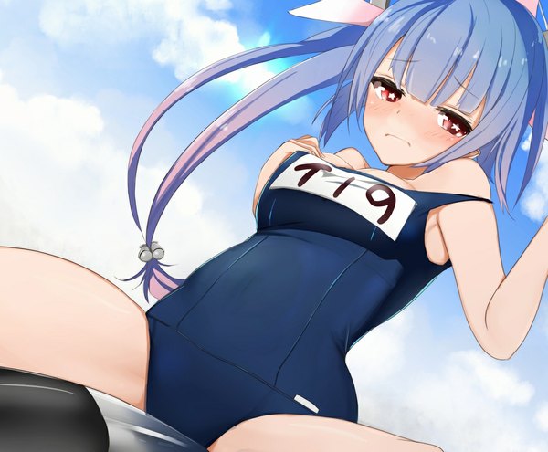 Anime picture 1157x955 with kantai collection i-19 submarine ratsuku kinoko single long hair blush light erotic red eyes twintails blue hair sky cloud (clouds) girl swimsuit one-piece swimsuit school swimsuit torpedo