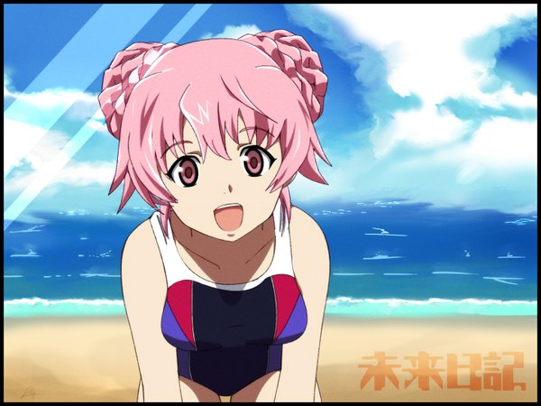 Anime picture 1440x1080 with mirai nikki gasai yuno gora-tendo single looking at viewer fringe breasts open mouth sunlight leaning alternate costume leaning forward beach happy alternate hairstyle hair up girl swimsuit sea one-piece swimsuit