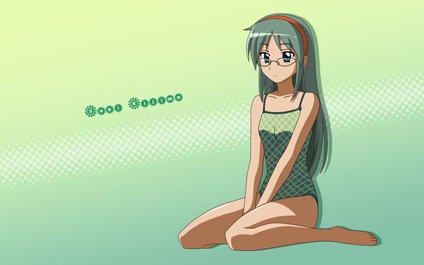 Anime picture 1680x1050 with hayate no gotoku! kijima saki long hair wide image green hair swimsuit glasses