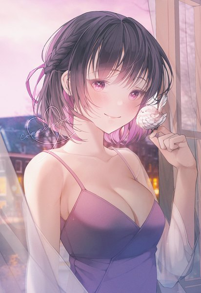 Anime picture 1000x1457 with original immi immi single tall image looking at viewer blush fringe short hair breasts light erotic black hair smile purple eyes cleavage upper body braid (braids) multicolored hair off shoulder sparkle watermark