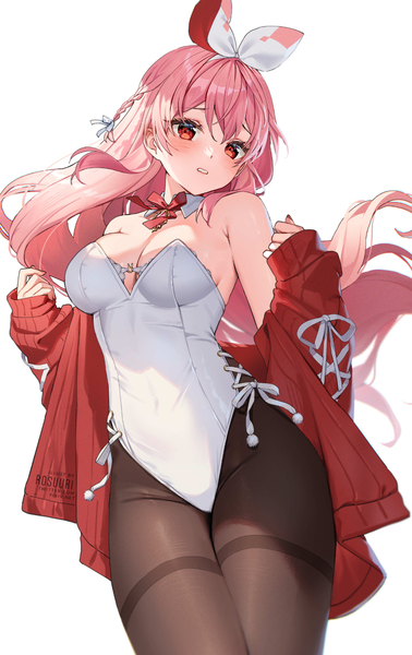 Anime picture 1000x1589 with virtual youtuber atelier live pinku (vtuber) rosuuri single long hair tall image looking at viewer blush fringe breasts light erotic simple background hair between eyes red eyes standing white background pink hair braid (braids) long sleeves