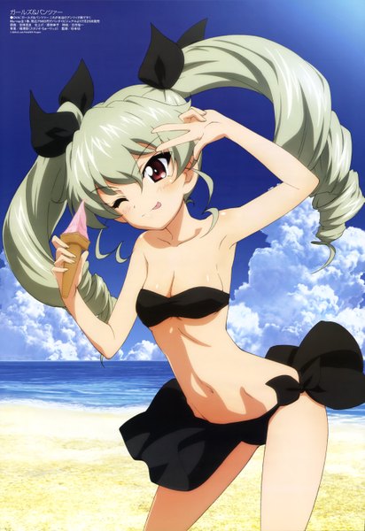 Anime picture 4065x5917 with girls und panzer megami magazine anchovy (girls und panzer) single long hair tall image highres light erotic red eyes twintails absurdres sky cloud (clouds) one eye closed grey hair wink official art beach drill hair girl