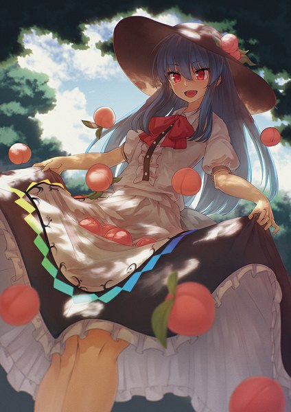 Anime picture 725x1025 with touhou hinanawi tenshi ibuki notsu single long hair tall image fringe open mouth hair between eyes red eyes blue hair from below looking down dress lift girl skirt plant (plants) hat tree (trees) bowtie