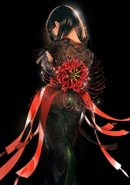 Anime picture 848x1200 with original kaisen single long hair tall image black hair simple background standing signed nail polish fingernails from behind floral print black background red nail polish girl flower (flowers) obi hair tie higanbana