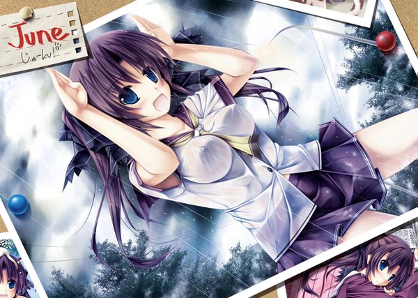 Anime picture 1263x900 with original kurisugawa kii kai yuuki long hair blush open mouth blue eyes light erotic purple hair rain girl skirt uniform school uniform shirt