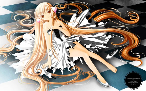 Anime picture 1920x1200 with chobits chii single looking at viewer highres open mouth blonde hair wide image bare shoulders brown eyes very long hair barefoot orange hair hand on chest checkered floor lolita fashion girl dress