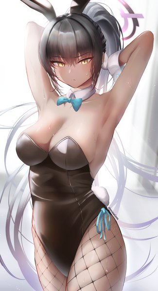 Anime picture 1909x3519 with blue archive karin (blue archive) karin (bunny) (blue archive) masaizox single long hair tall image looking at viewer fringe highres breasts light erotic black hair simple background hair between eyes large breasts signed animal ears yellow eyes cleavage