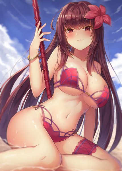 Anime picture 1200x1679 with fate (series) fate/grand order scathach (fate) (all) scathach (swimsuit assassin) (fate) motokonut single long hair tall image looking at viewer blush fringe breasts light erotic hair between eyes red eyes large breasts sitting payot sky cleavage