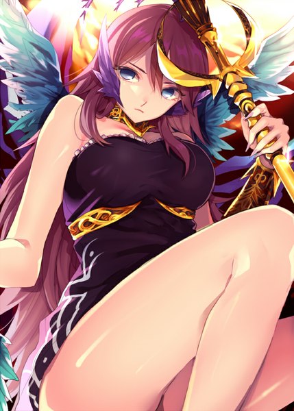 Anime picture 715x1000 with puzzle & dragons persephone (p&d) etsuo single long hair tall image breasts blue eyes light erotic large breasts bare shoulders looking away purple hair bent knee (knees) bare legs from below light head wings white wings girl