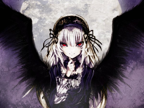 Anime picture 1100x832 with rozen maiden suigintou macauto999 single long hair looking at viewer smile silver hair lolita fashion goth-loli doll joints girl ribbon (ribbons) wings frills headdress moon full moon