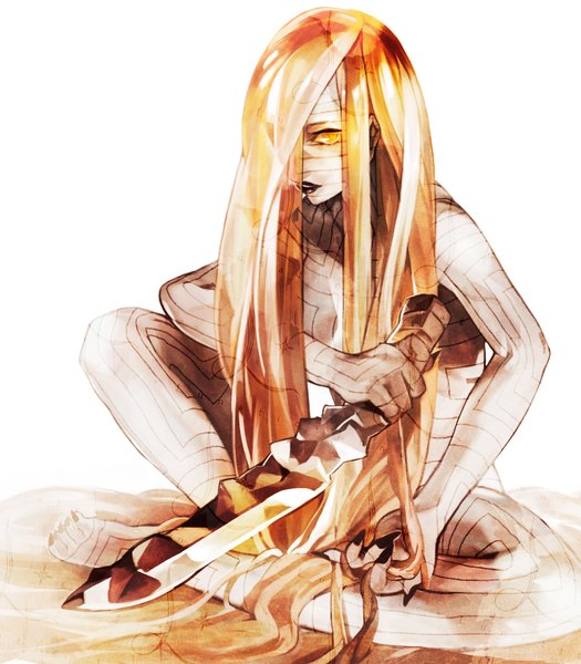 Anime picture 1388x1586 with shin megami tensei asherato 0 (pixiv) single long hair tall image fringe blonde hair sitting nail polish hair over one eye orange eyes girl sword bodysuit