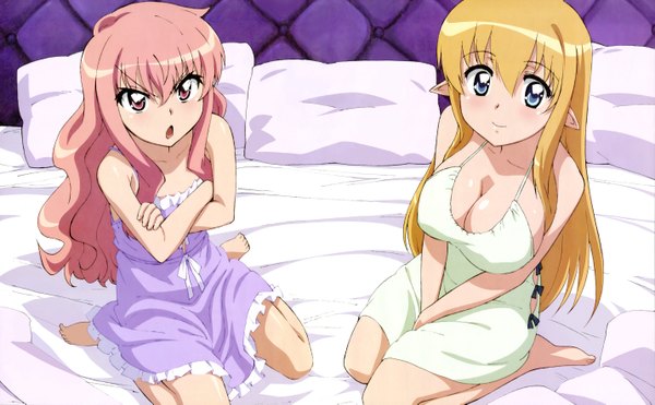 Anime picture 5718x3539 with zero no tsukaima j.c. staff louise francoise le blanc de la valliere tiffania westwood long hair fringe highres breasts open mouth blue eyes light erotic blonde hair smile hair between eyes wide image large breasts sitting bare shoulders multiple girls pink hair