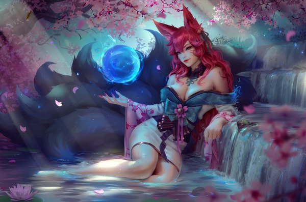 Anime picture 4000x2645 with league of legends ahri (league of legends) spirit blossom ahri zarory single long hair looking at viewer fringe highres breasts light erotic hair between eyes large breasts sitting animal ears pink hair absurdres cleavage full body bent knee (knees)