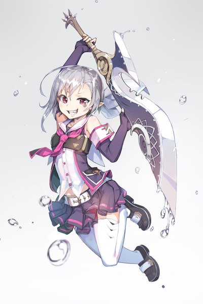 Anime picture 900x1349 with original newey single tall image looking at viewer fringe short hair simple background smile red eyes silver hair ahoge bent knee (knees) pleated skirt pointy ears grey background teeth gradient background girl thighhighs