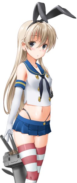 Anime picture 1024x2419 with kantai collection shimakaze destroyer rensouhou-chan byeontae jagga long hair tall image simple background blonde hair white background grey eyes zettai ryouiki girl thighhighs skirt gloves navel hair ornament underwear panties ribbon (ribbons)