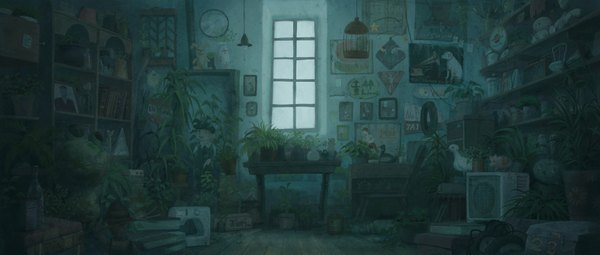 Anime picture 1920x817 with original ishida hiroyasu highres short hair open mouth black hair smile wide image portrait no people running flower (flowers) plant (plants) window heart star (symbol) book (books) chair t-shirt table