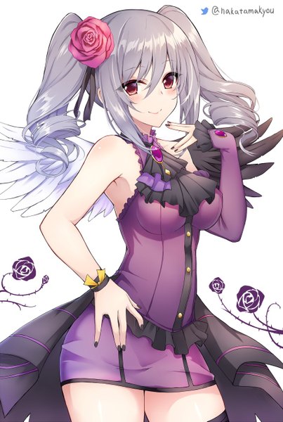 Anime picture 900x1339 with idolmaster idolmaster cinderella girls kanzaki ranko nakatama kyou single long hair tall image looking at viewer blush fringe breasts simple background smile hair between eyes red eyes white background twintails bare shoulders signed payot
