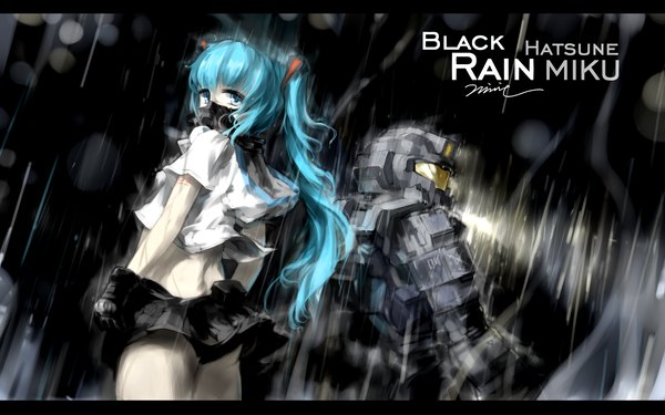 Anime picture 2400x1500 with vocaloid hatsune miku mivit long hair looking at viewer fringe highres blue eyes light erotic standing twintails blue hair looking back letterboxed rain pale skin girl skirt gloves underwear