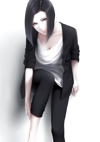 Anime picture 724x1024 with original erise single tall image looking at viewer short hair breasts black hair simple background white background cleavage realistic grey eyes leaning leaning forward pale skin against wall adjusting clothes girl shirt