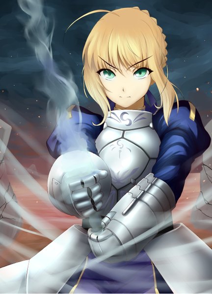 Anime picture 900x1250 with fate (series) fate/stay night artoria pendragon (all) saber tagme (artist) single tall image looking at viewer fringe blonde hair holding green eyes ahoge puffy sleeves eyebrows girl weapon sword armor gauntlets