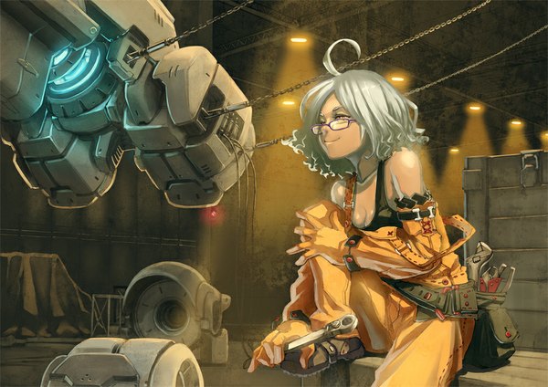 Anime picture 1000x707 with original aro (charged time out) single short hair smile red eyes sitting bare shoulders silver hair ahoge mechanical girl glasses overalls