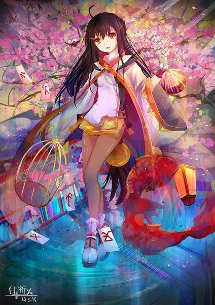 Anime picture 707x1000 with elsword ara haan sakra devanam (elsword) bai qi-qsr single long hair tall image looking at viewer breasts open mouth black hair ahoge traditional clothes head tilt japanese clothes wide sleeves orange eyes legs cherry blossoms girl