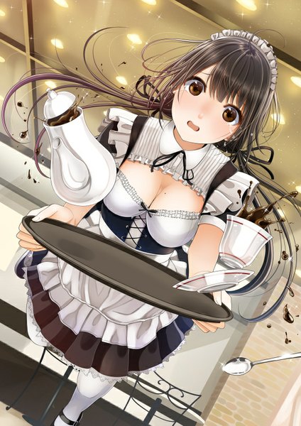Anime picture 579x819 with original kentaurosu single long hair tall image looking at viewer open mouth black hair brown eyes cleavage maid girl uniform headdress maid headdress cup teapot