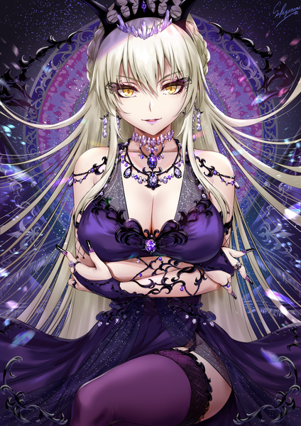 Anime-Bild 1200x1697 mit fate (series) fate/grand order artoria pendragon (all) artoria pendragon (lancer alter) sakiyamama single tall image looking at viewer blush fringe breasts open mouth light erotic blonde hair smile hair between eyes large breasts bare shoulders signed yellow eyes