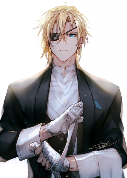 Anime picture 800x1120 with fire emblem fire emblem: three houses nintendo dimitri alexandre blaiddyd danhu single tall image looking at viewer fringe short hair blue eyes simple background blonde hair hair between eyes white background signed upper body alternate costume boy gloves