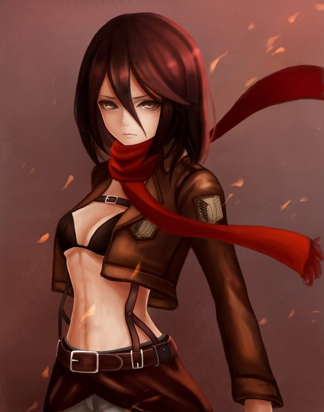 Anime picture 1200x1520 with shingeki no kyojin production i.g mikasa ackerman sashimi (adam026) single tall image looking at viewer blush short hair black hair simple background cleavage black eyes open clothes open jacket bare belly muscle serious girl jacket