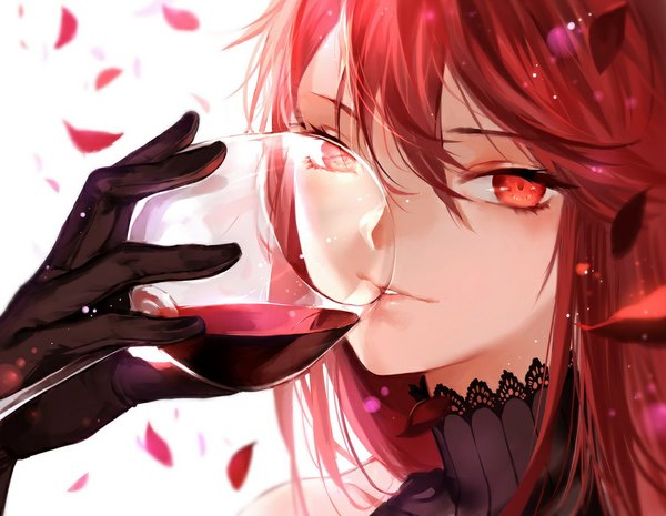 Anime picture 1000x775 with original pixiv fantasia pixiv fantasia t joseph lee single long hair looking at viewer red eyes red hair girl gloves petals black gloves wine glass