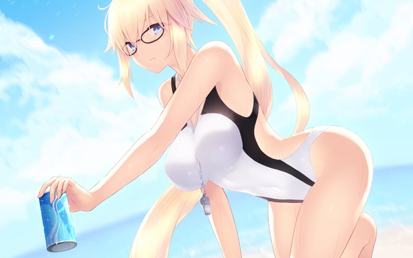 Anime picture 1920x1200 with fate (series) fate/grand order jeanne d'arc (fate) (all) jeanne d'arc (swimsuit archer) cait single looking at viewer fringe highres breasts blue eyes light erotic blonde hair hair between eyes large breasts holding sky cloud (clouds) bent knee (knees) outdoors