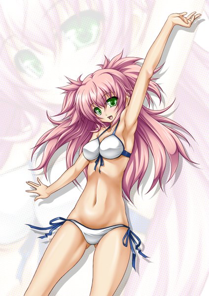 Anime picture 1240x1754 with atelier (series) mana khemia philomel hartung roura long hair tall image open mouth light erotic green eyes pink hair zoom layer girl swimsuit bikini white bikini