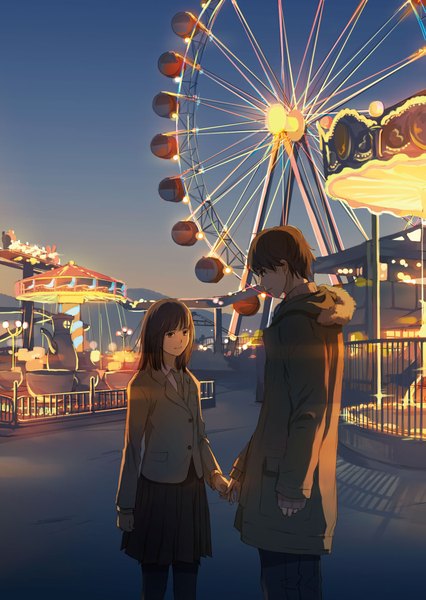 Anime picture 1447x2039 with original hanno tall image looking at viewer short hair brown hair brown eyes sky couple holding hands evening girl boy skirt miniskirt pantyhose necktie pants ferris wheel carousel