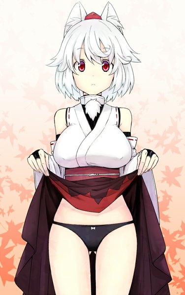Anime picture 627x1000 with touhou inubashiri momiji hiroya juuren (artist) single tall image looking at viewer short hair breasts light erotic red eyes large breasts animal ears white hair ass visible through thighs skirt lift wolf ears wolf girl :< girl skirt