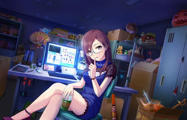 Anime picture 1280x824 with idolmaster idolmaster cinderella girls idolmaster cinderella girls starlight stage yagami makino single long hair looking at viewer blue eyes brown hair sitting crossed legs finger to mouth girl dress glasses box monitor