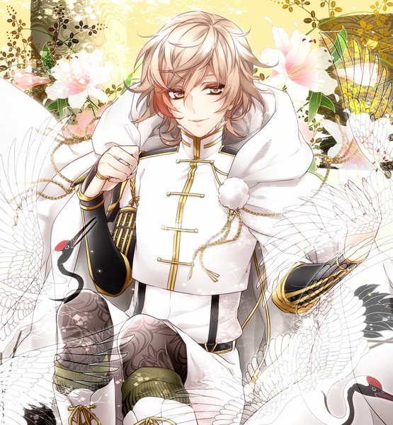 Anime picture 925x1000 with touken ranbu nitroplus monoyoshi sadamune hana io single tall image looking at viewer fringe short hair blonde hair smile sitting brown eyes bent knee (knees) red hair boy uniform flower (flowers) animal wings