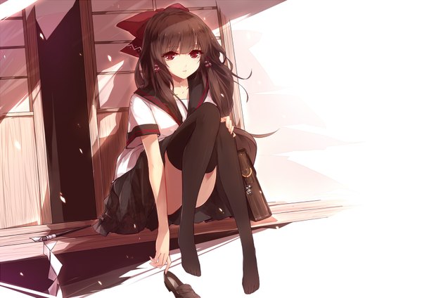 Anime picture 1683x1190 with touhou hakurei reimu sam ashton single long hair looking at viewer fringe light erotic simple background red eyes brown hair white background sitting holding bent knee (knees) parted lips short sleeves thighs hand on knee shoes removed