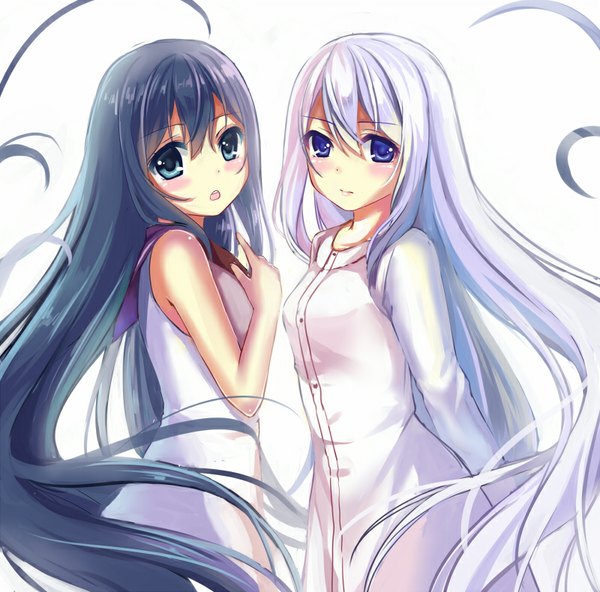 Anime picture 800x790 with gokukoku no brynhildr arms corporation kuroha neko fujisaki mako nine wangwang looking at viewer blush fringe open mouth standing white background purple eyes multiple girls green eyes blue hair silver hair very long hair wind couple hand on chest