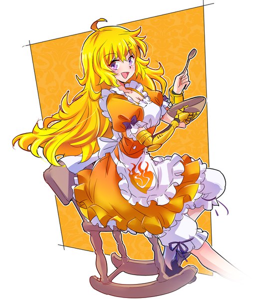 Anime picture 1356x1600 with rwby rooster teeth goldilocks and the three bears yang xiao long iesupa single long hair tall image looking at viewer blonde hair white background purple eyes ahoge wavy hair parody orange background outline girl dress underwear