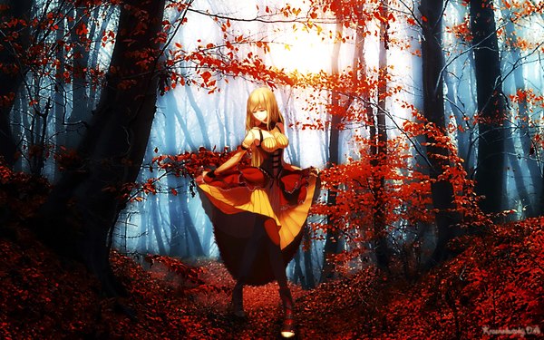 Anime picture 1920x1200 with tagme (artist) single long hair highres breasts blonde hair wide image eyes closed looking down autumn girl dress plant (plants) detached sleeves tree (trees) leaf (leaves) forest