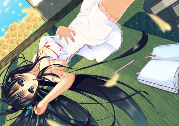 Anime picture 1416x1003 with original kinoko5123 single long hair blush blue eyes black hair lying girl flower (flowers) petals sundress notebook