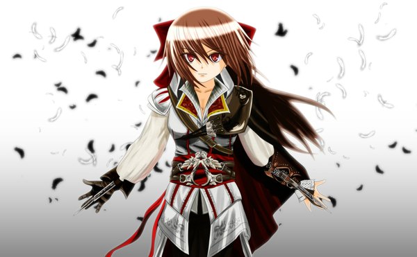 Anime picture 1960x1212 with touhou assassin's creed (game) hakurei reimu tomon (slash0410) single long hair highres red eyes brown hair wide image white background cosplay girl gloves bow weapon hair bow
